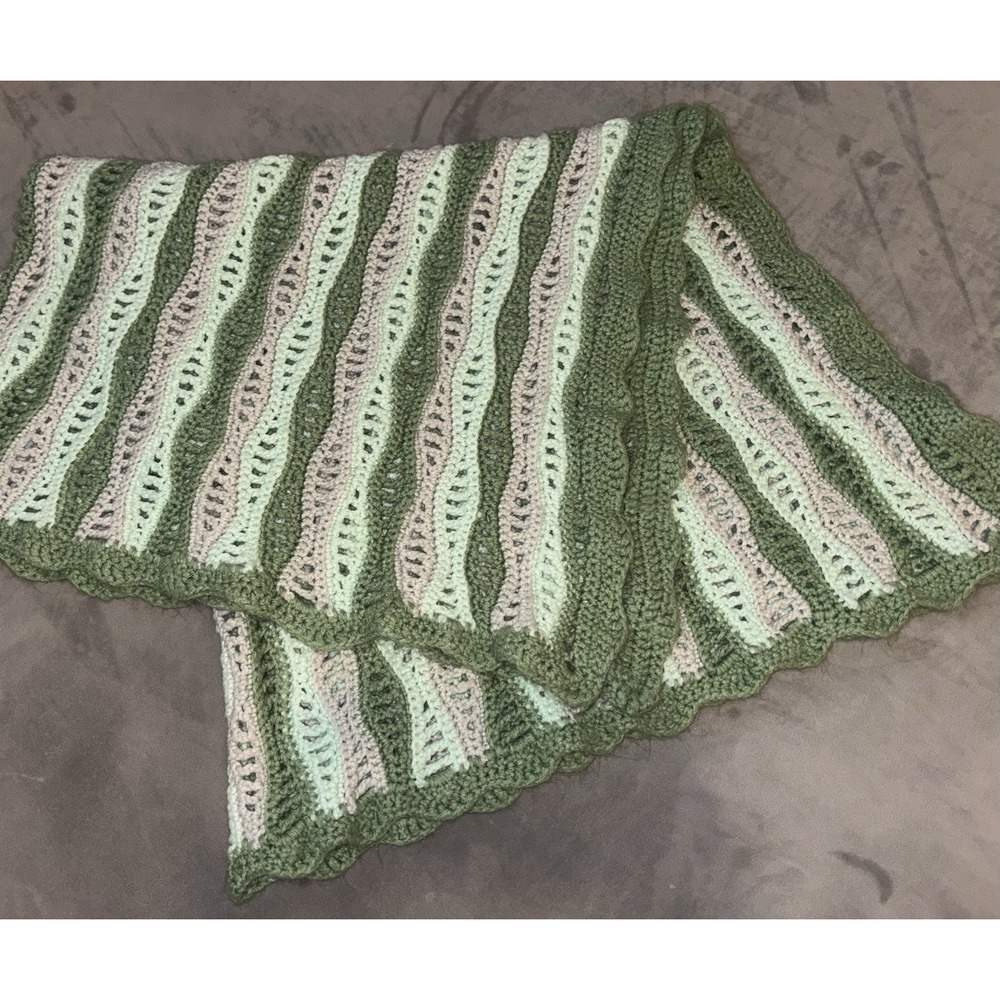 Vintage Afghan Baby Throw Crochet Stripes Green Lavender Wavy Scalloped Trim